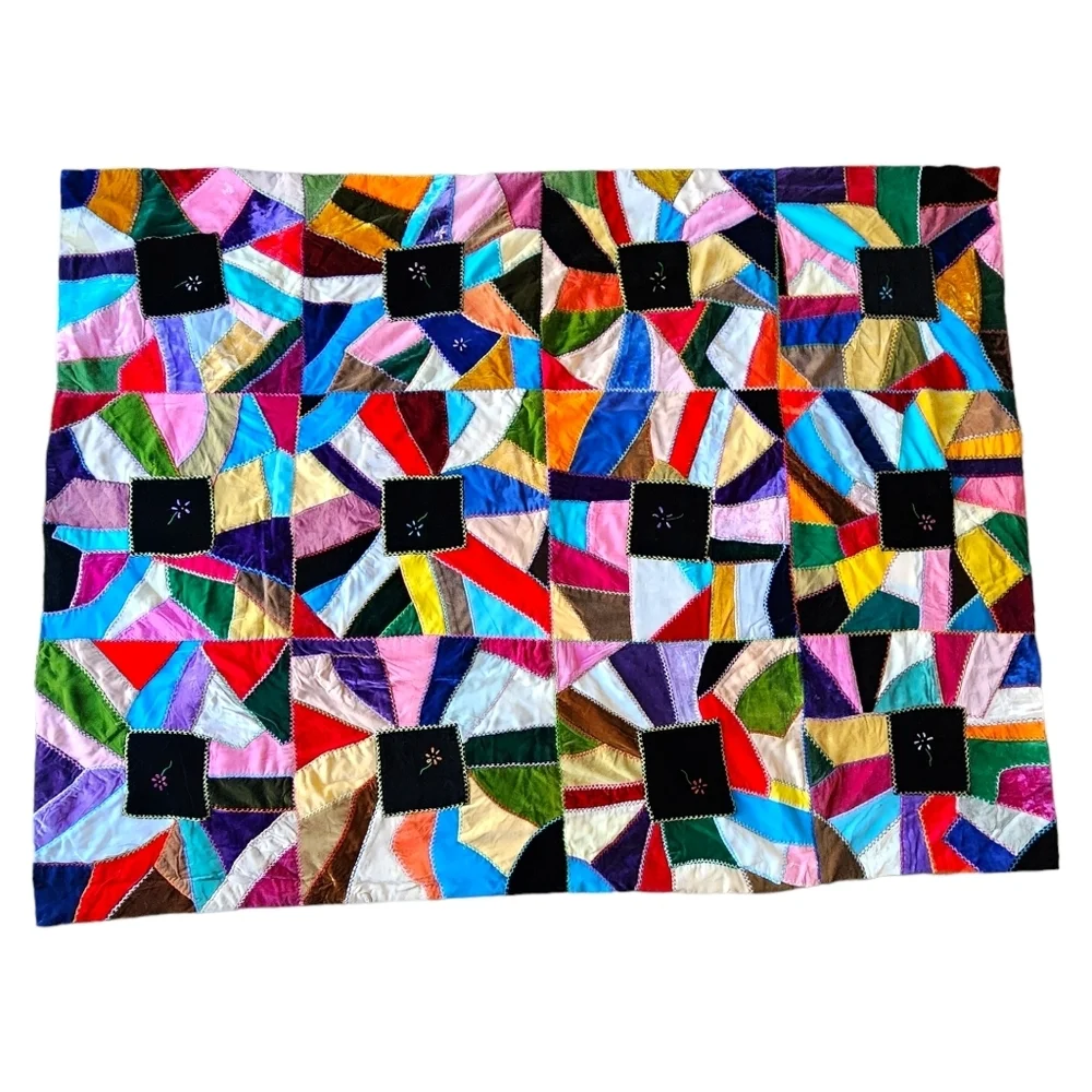 ANTIQUE Velvet Crazy Quilt bright colors floral embroidered 73in x 55in‎